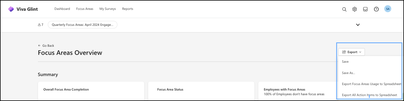 Screenshot of the download options or exporting the Focus Area report.