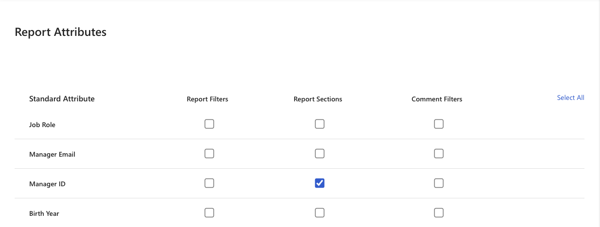 Screenshot of Manager ID selected in a role's Report Attributes.