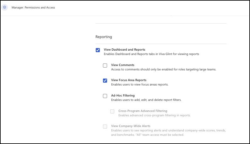 Screenshot of where to grant permissions for roles to see Focus Area reports.