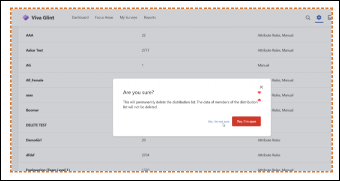 Screenshot of Are you sure window to confirm deletion of a Distribution List.
