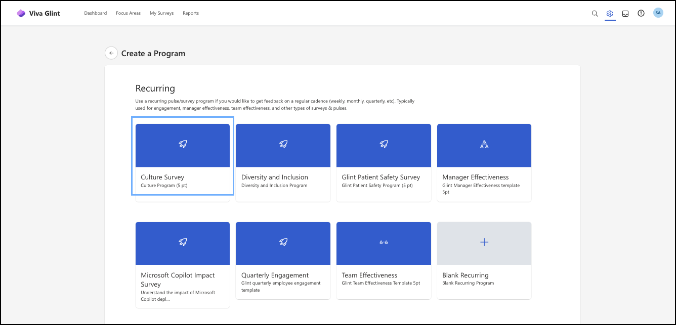 Screenshot of the Viva Glint Culture Survey template card in Create a Program.