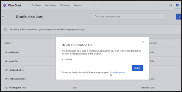 Screenshot of Delete Distribution List slider window.