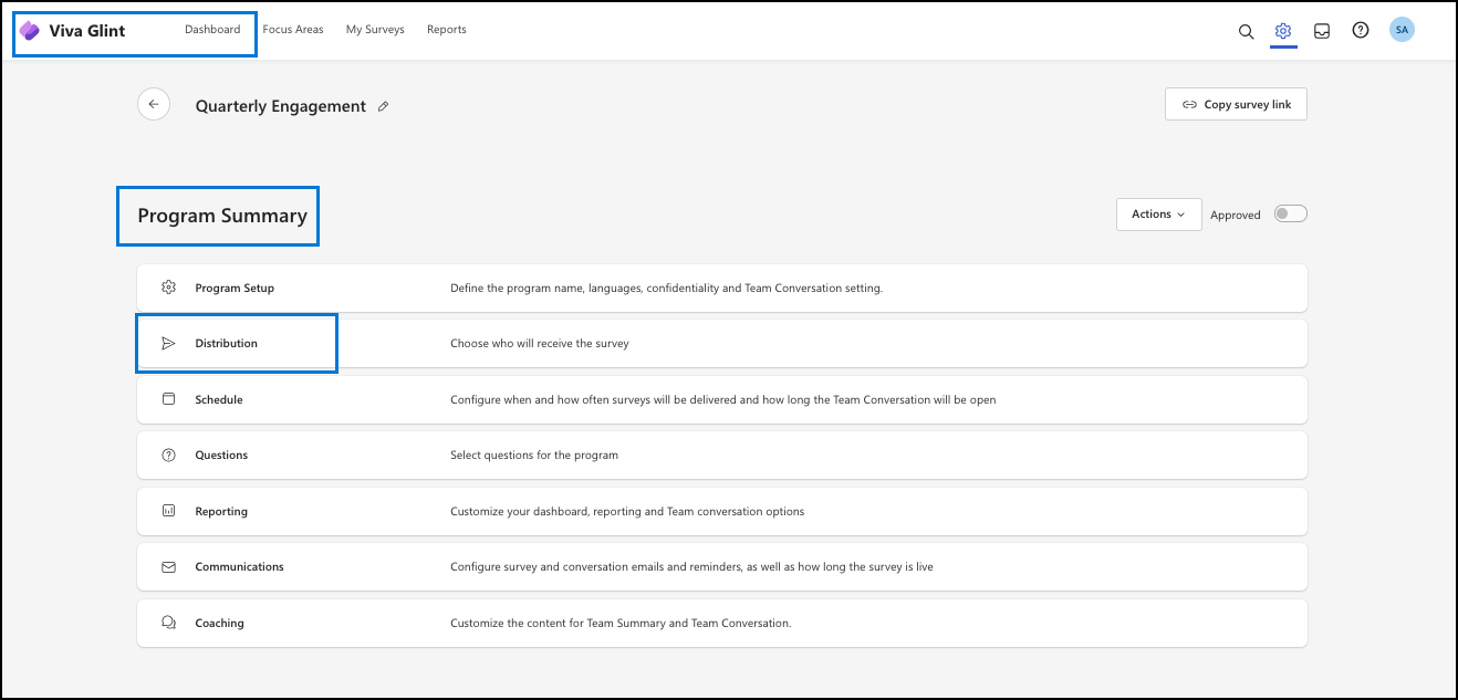 Screenshot of where to access Distribution List setup from Program Summary.