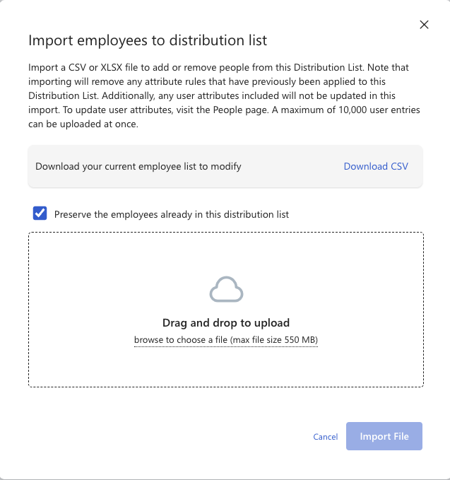 Screenshot of distribution list import dialog with the preserve employees in the list option selected.