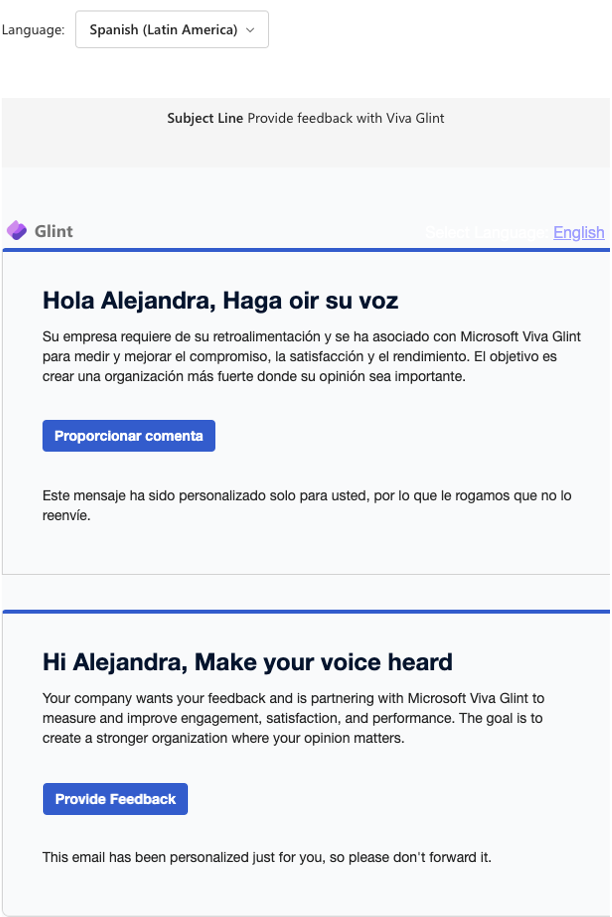 Screenshot of an email preview for a dual language email with sections in Spanish and English.