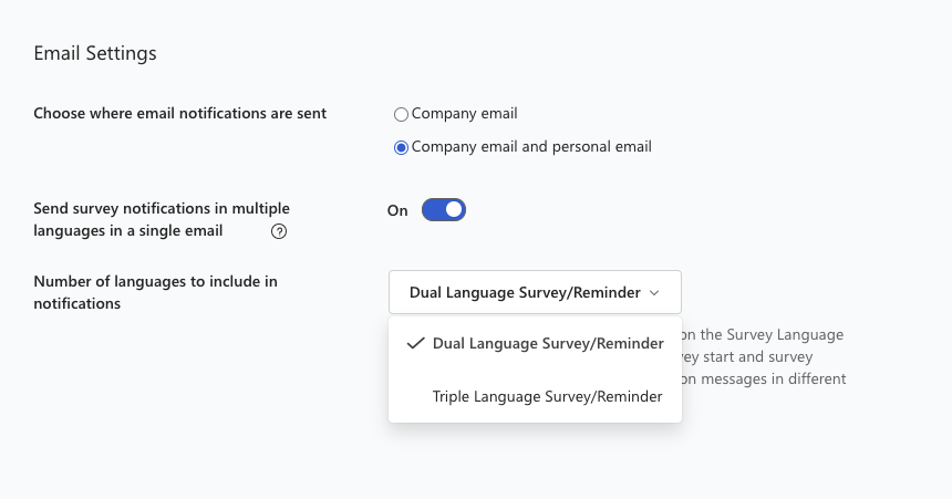 Screenshot of the multiple language email setting in the Communications section of survey setup.