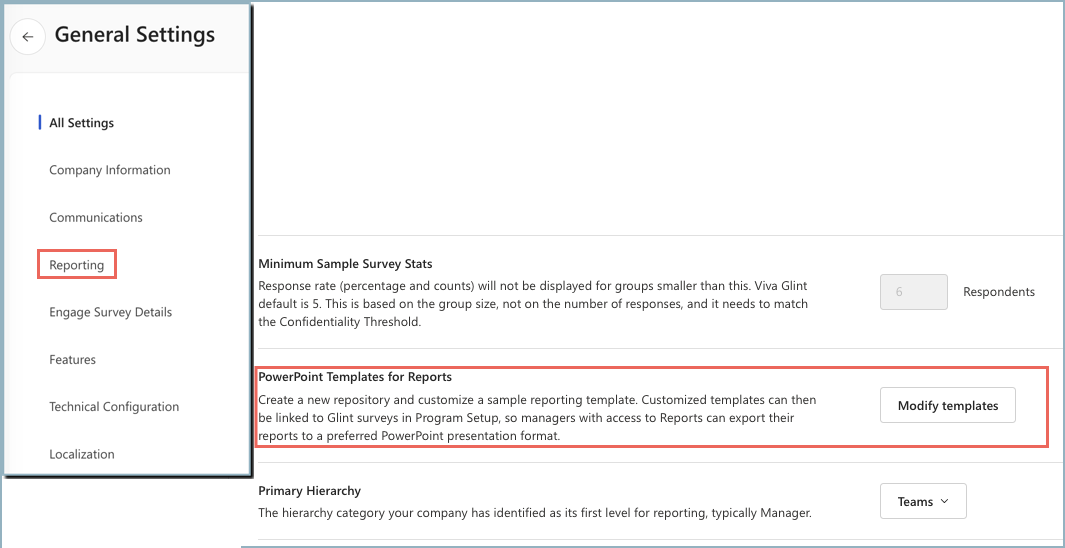 Screenshot of where to access template modification in General Settings Reporting.