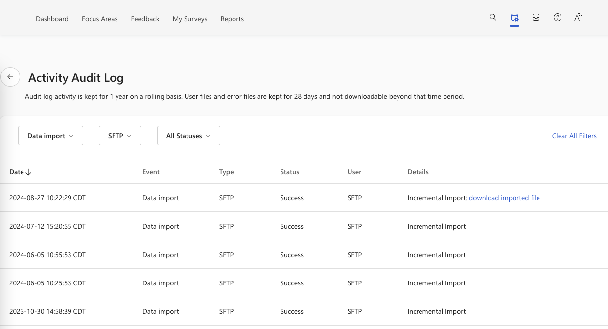 Screenshot of the Activity Audit Log filtered to Data import activity for SFTP imports.