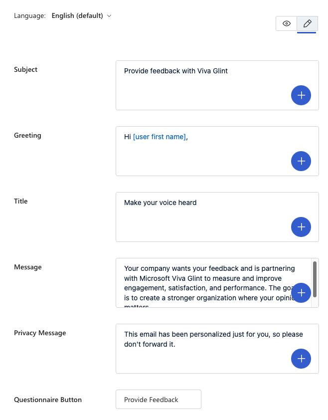 Screenshot of editable survey email sections in Viva Glint.