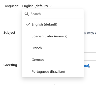 Screenshot of the Language dropdown in the email edit pane.