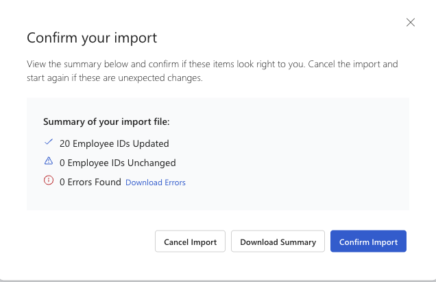 Screenshot of Confirm your import dialog with a summary of updates, errors, and a summary download option.