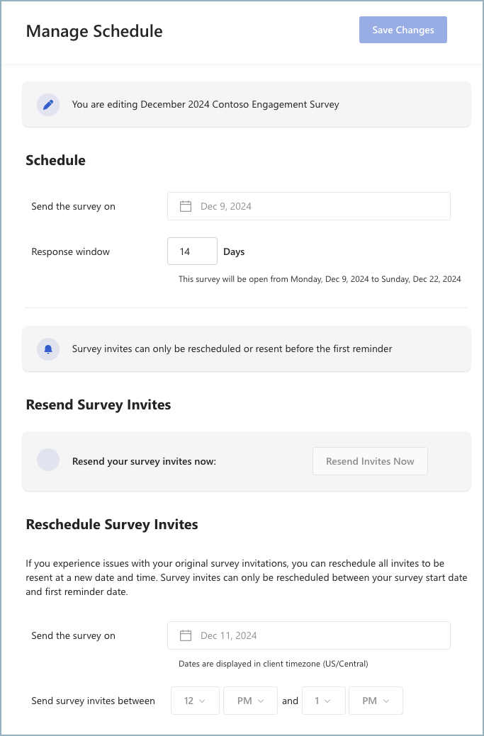 Screenshot of the Manage Schedule & Invites feature for a live Viva Glint survey.