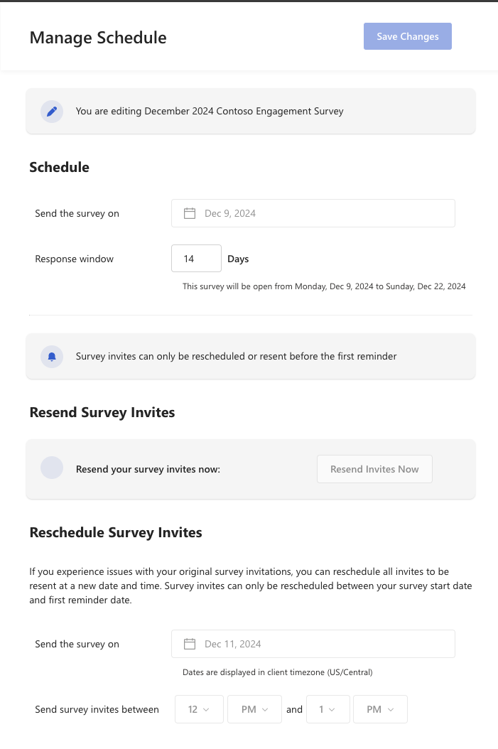 Screenshot of the Manage Schedule & Invites feature for a live Viva Glint survey.