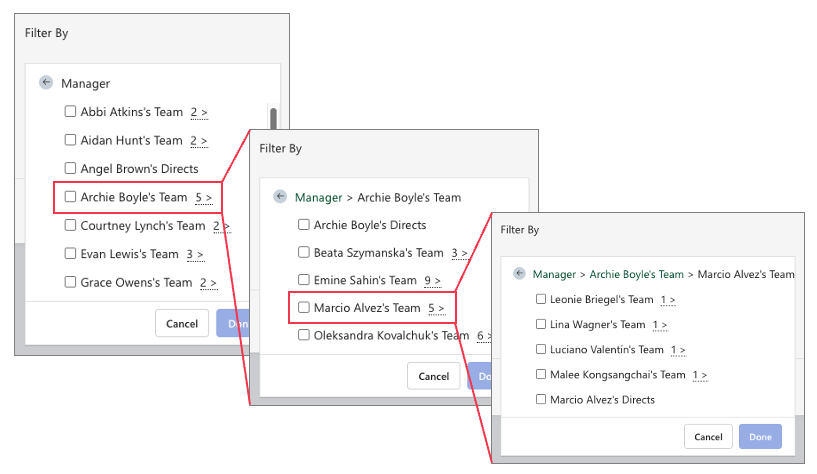 Screenshot of manager hierarchy filters in Glint reporting, drilling down from level 1 to level 3.