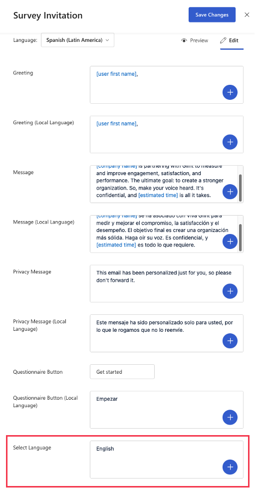 Screenshot of an email setup pane with English populated in the Select Language field.