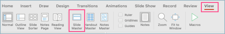 Screenshot of the PowerPoint Slide Master on the View menu bar.