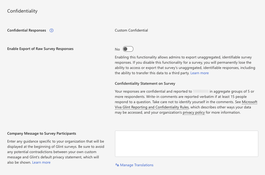 Screenshot that shows the Confidentiality setup within Program Setup.