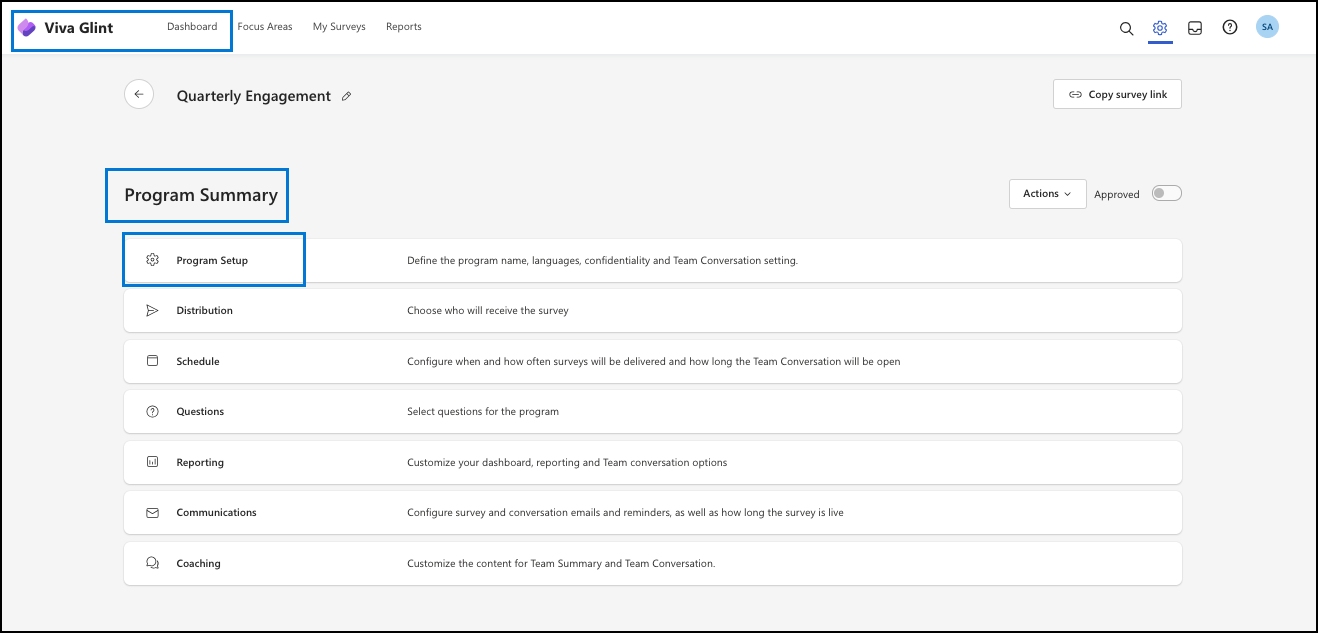 Screenshot that shows the Program Setup page for configuration within the Program Summary.