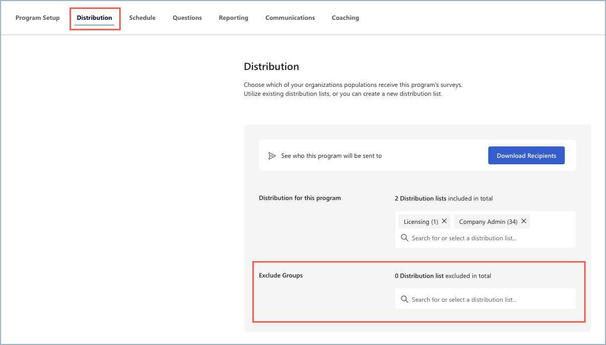 Screenshot of the Exclude Groups field on the Distribution page in Program Summary.