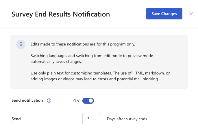 Screenshot of the Survey End Results Notification email setup pane.