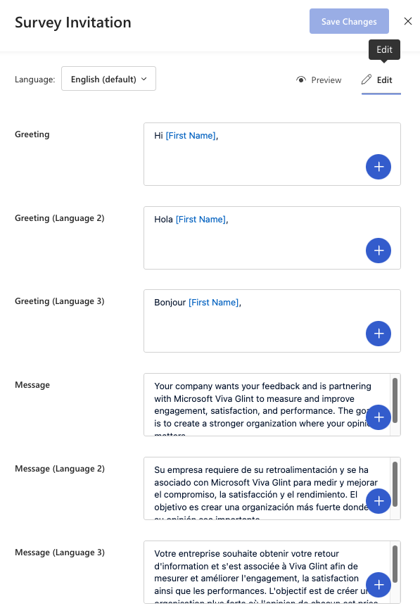 Screenshot of a triple language email edit pane with English, Spanish, and French content added.