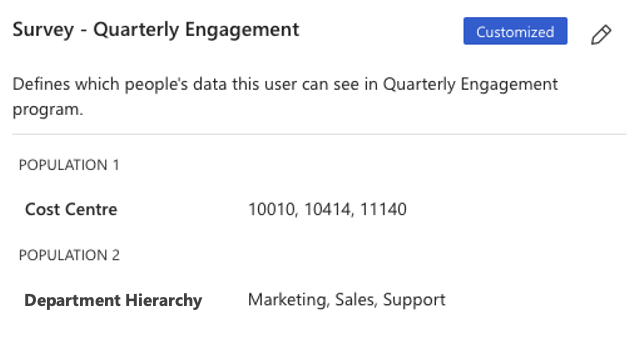 Screenshot of user access with cost centre and department values selected in separate populations.