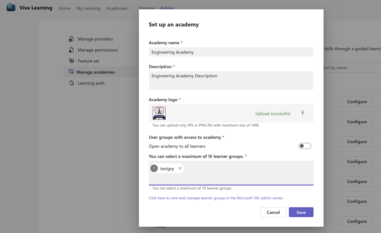 Screenshot of the Set up an academy popup within Manage academies. It requires an academy name, description, logo and user group access information