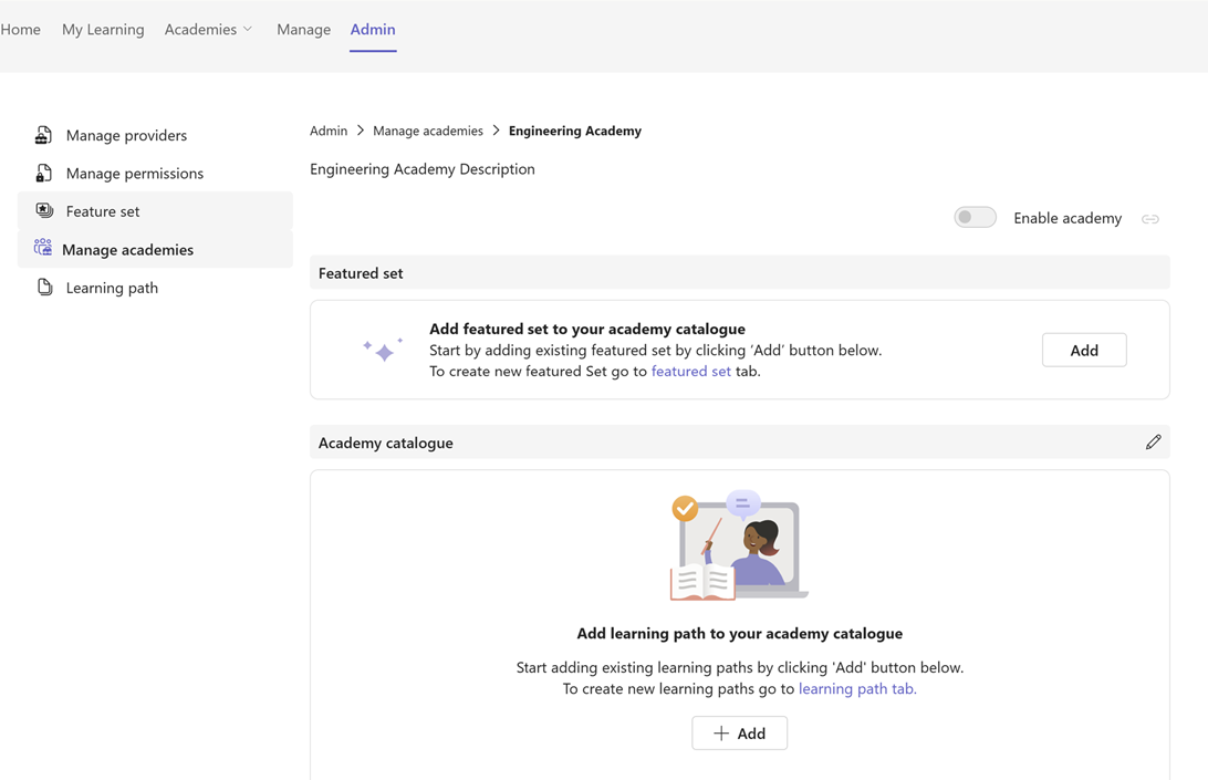Screenshot of the options for the newly created academy, with options to enable academy, add a featured set, and add learning path