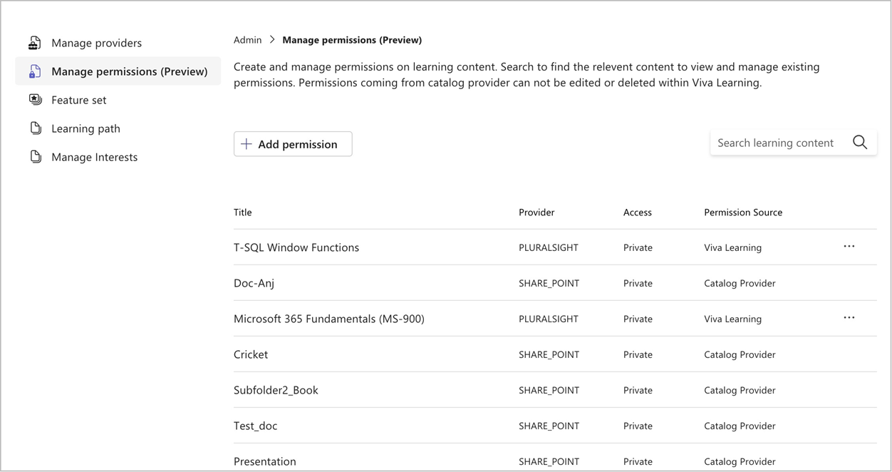 Image of the catalog permissions navigation screen under the admin tab.