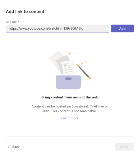 Screenshot of the add link to content screen in which you can add the url.