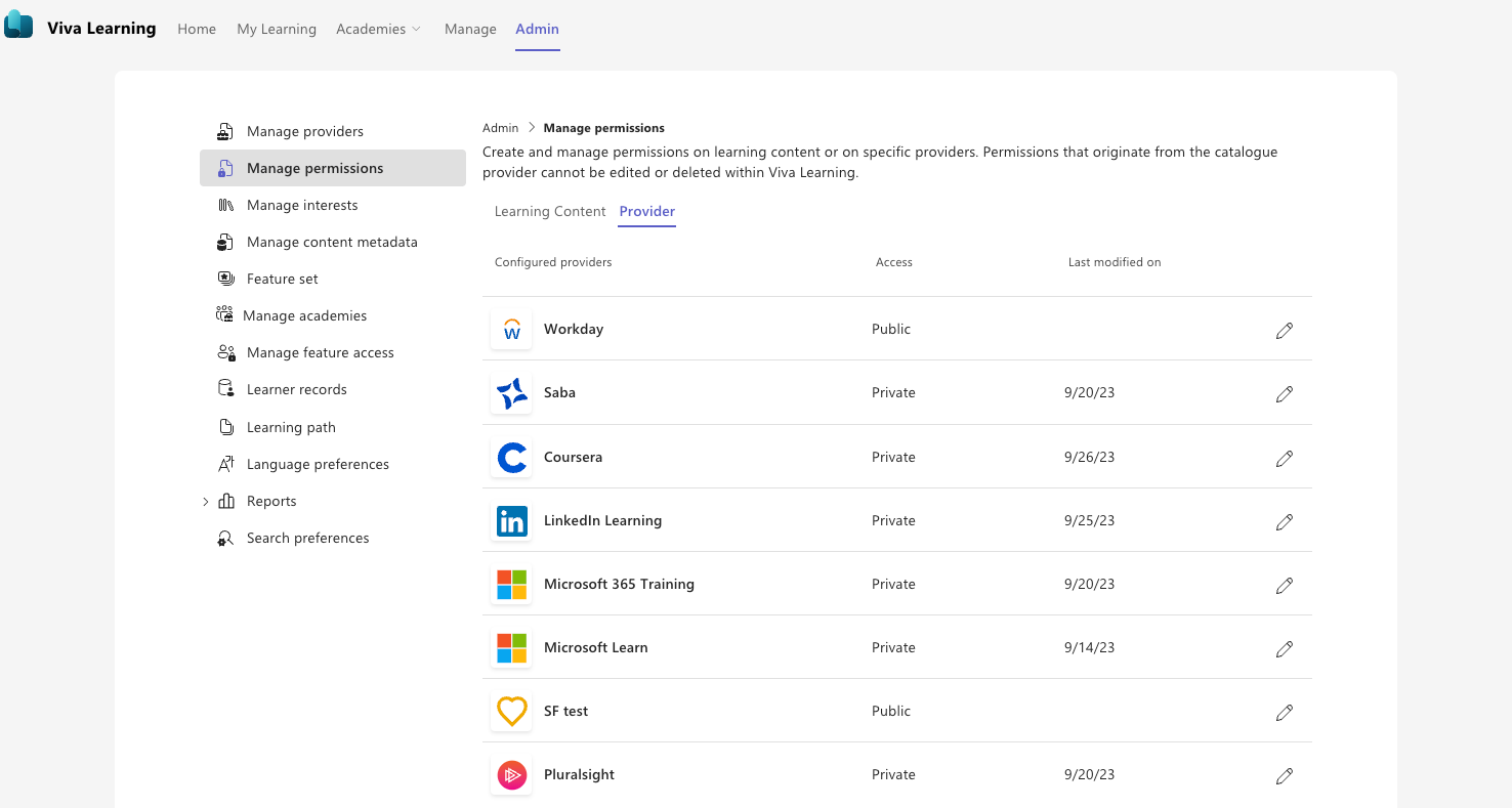 Screenshot of the Provider tab in the Manage Providers modal within Viva Learning