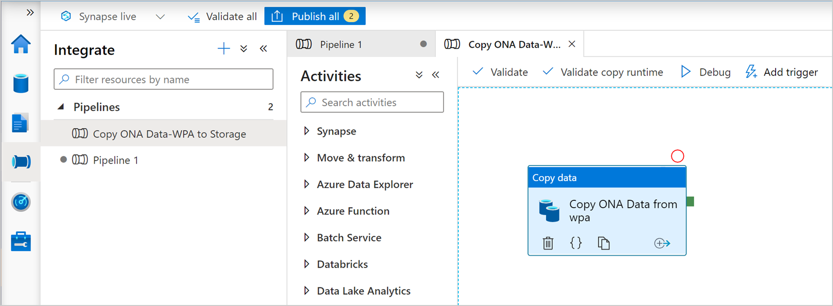 Screenshot that shows the Pipeline and selecting the Publish all dropdown in Synapse.