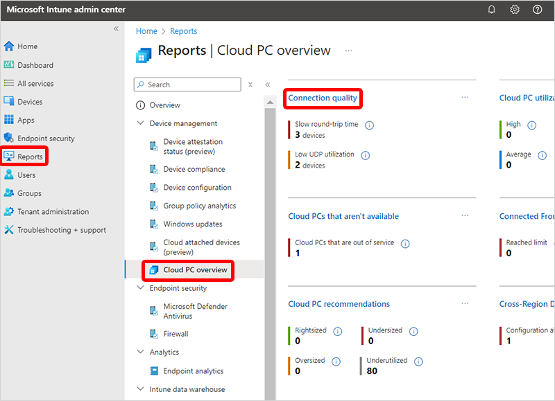 Screenshot of getting to the Cloud PC connection quality report