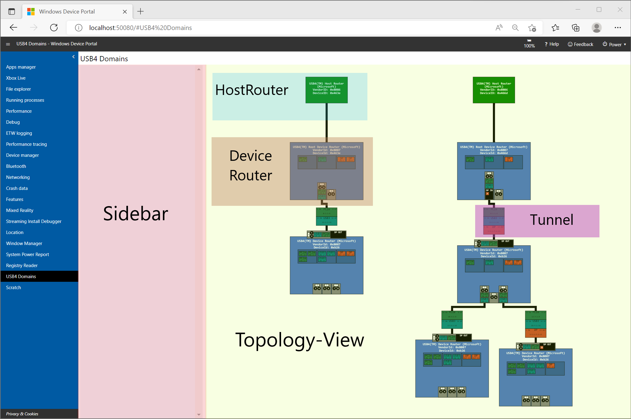 Screenshot of Windows Device Portal USB4 domains homepage.