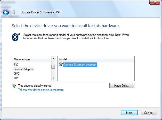 Screenshot that shows the "Update Driver Software - U G T" window with "Generic Bluetooth Adapter" selected in the "Model" pane.