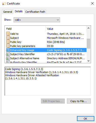 Screenshot of EKU details pane for driver signed for attestation. OID ends with 1.