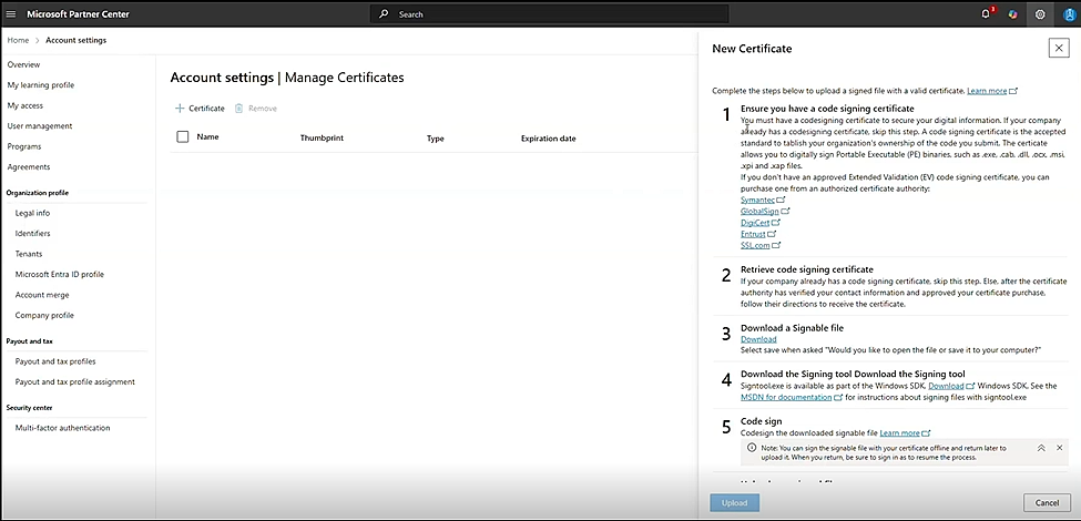 Screenshot of the Microsoft Partner Center manage certificates page.