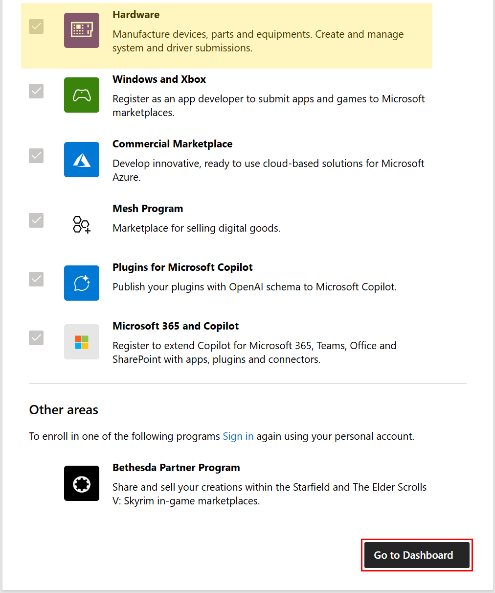 Screenshot of the Microsoft Partner Center 'Join programs' page.