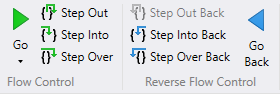 Screenshot of Go, Go Back, Step and Step back buttons in ribbon.