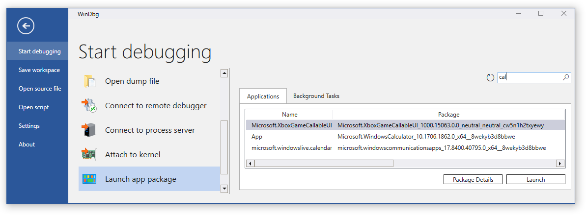Screenshot of the Launch App Package Applications tab in WinDbg with 'cal' in the search box and three apps listed.