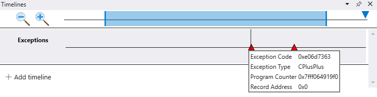 Timeline in debugger displaying exceptions with information on a specific exception code.