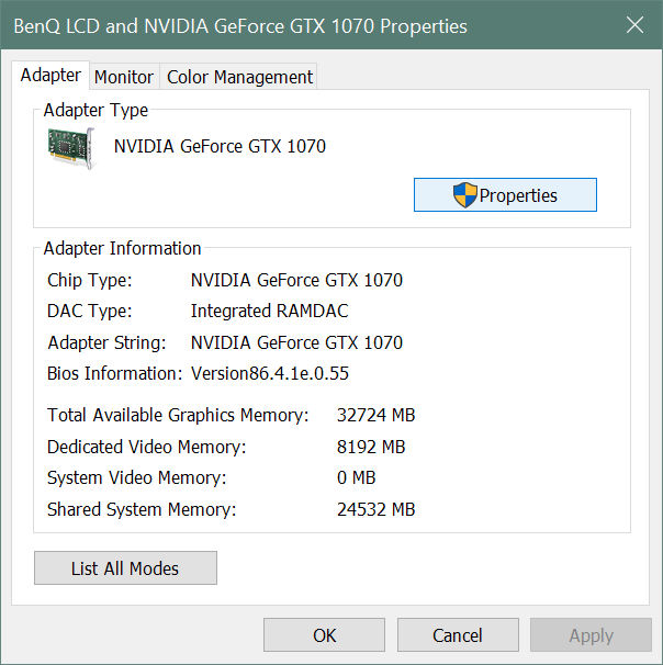 Screenshot of the Display window with the Adapter tab selected that reports available memory on a desktop computer.