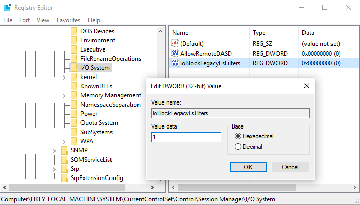 Image that shows how to edit the ioblocklegacyfsfilters registry key.