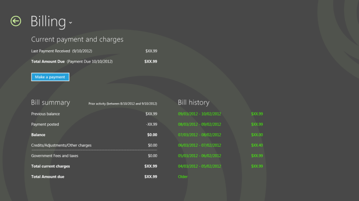 Screenshot of the view bill page in a mobile broadband app.