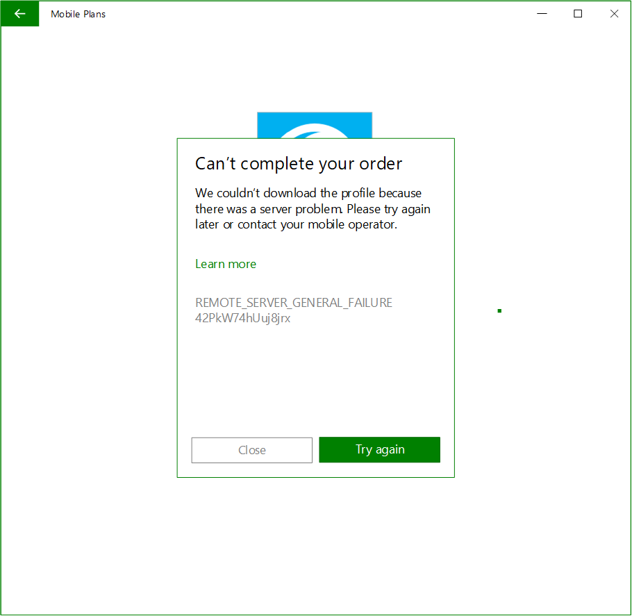 Example of Mobile Plans app eSIM download error