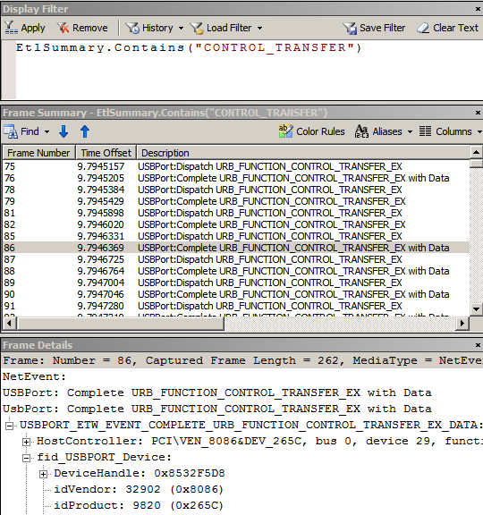 Screenshot that shows the "Netmon" window with an event trace for a U S B device connected to a U S B host controller in the "Frame Details" pane.