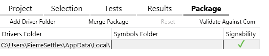 Screenshot of the drivers folder submission with a green check in the signability column.