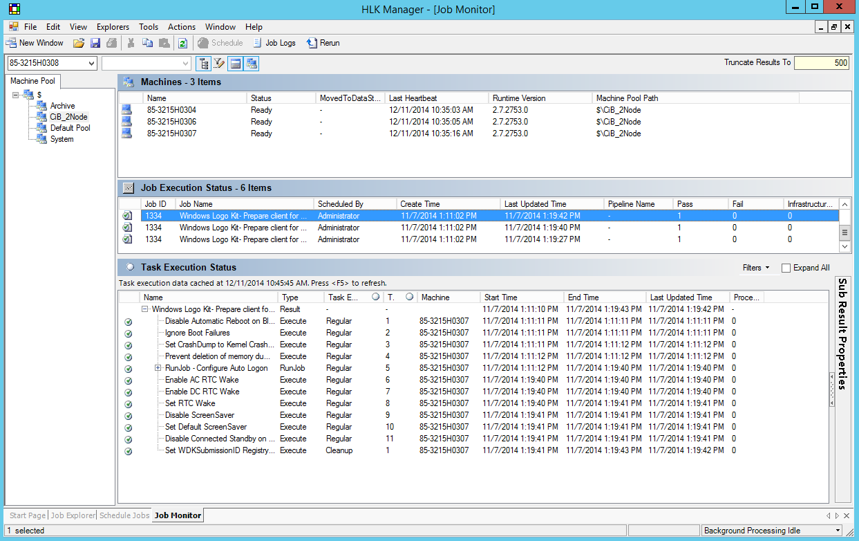 Screenshot of HLK showing jobs running