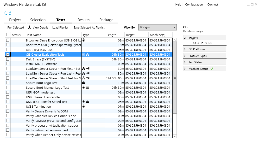 Screenshot of CiB Evaluation Tests selected