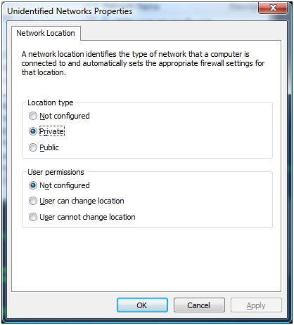 unidentified networks properties dialog box